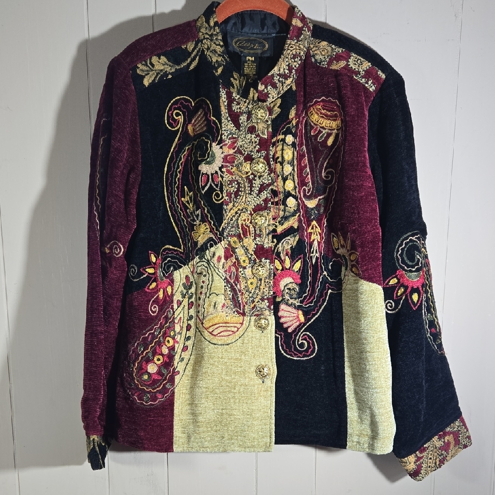 Alex Kim Evenings Black and Gold Embroidered Dressy Elegant Jacket Petite Medium